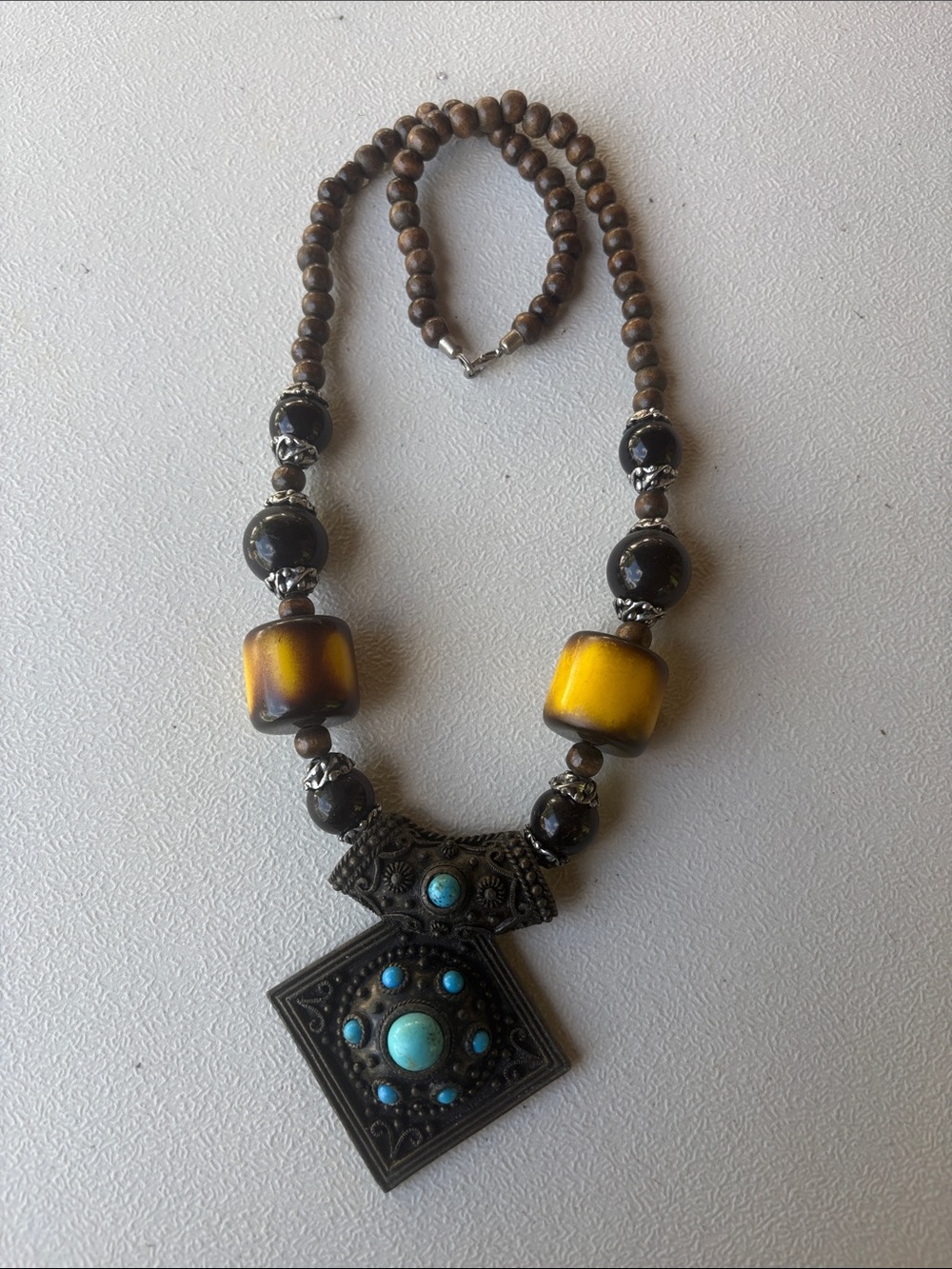 Handcrafted Boho Yellow & Brown Beaded Necklace with Turquoise Accent